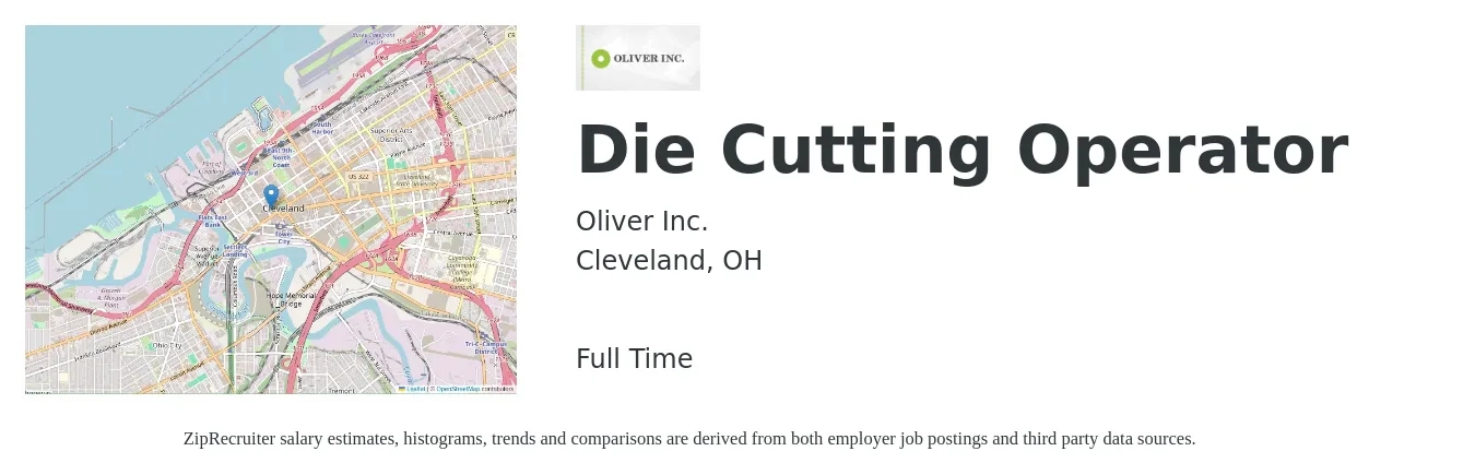 Oliver Inc. job posting for a Die Cutting Operator in Cleveland, OH with a salary of $18 to $23 Hourly with a map of Cleveland location.