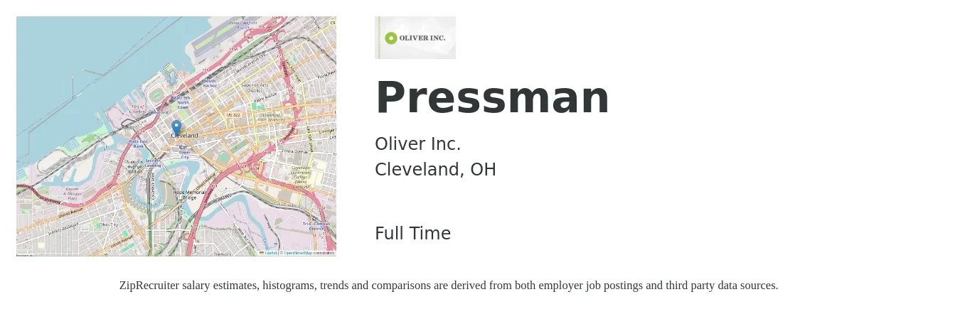 Oliver Inc. job posting for a Pressman in Cleveland, OH with a salary of $20 to $30 Hourly with a map of Cleveland location.