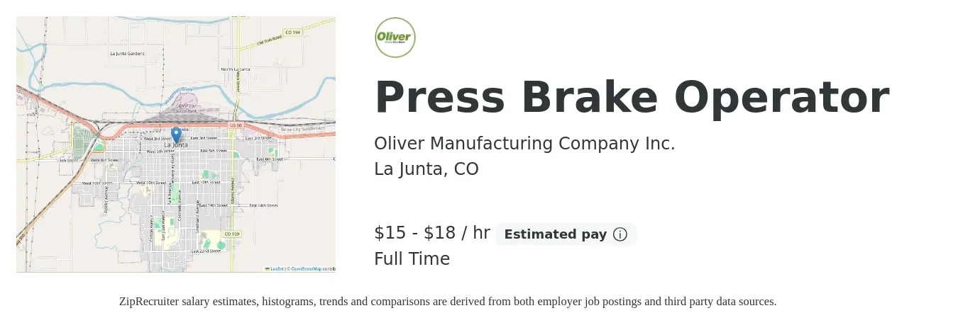Oliver Manufacturing Company Inc. job posting for a Press Brake Operator in La Junta, CO with a salary of $16 to $19 Hourly with a map of La Junta location.