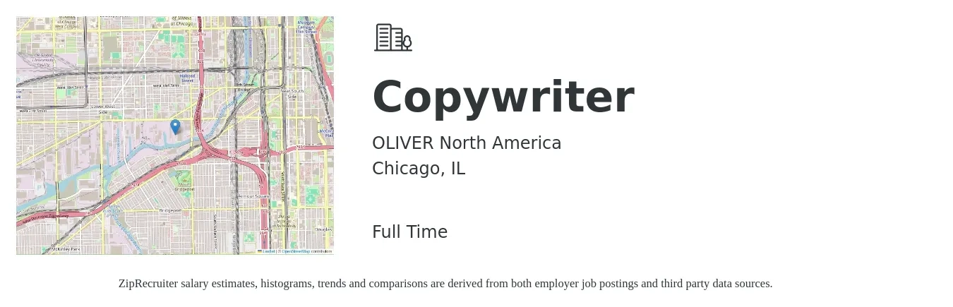 OLIVER North America job posting for a Copywriter in Chicago, IL with a salary of $30 to $44 Hourly with a map of Chicago location.