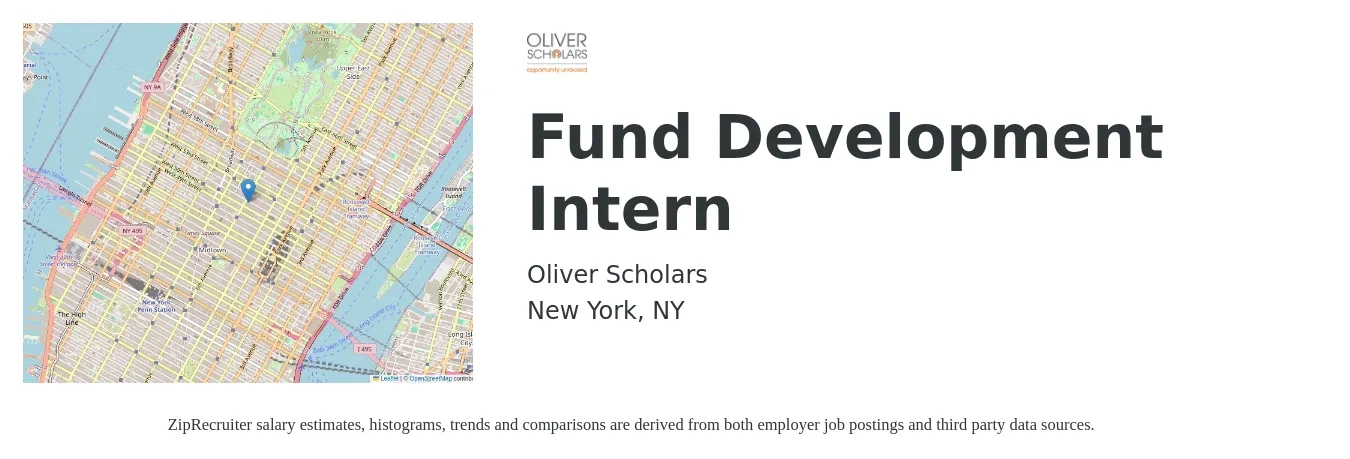 Oliver Scholars job posting for a Fund Development Intern in New York, NY with a salary of $1,700 Weekly with a map of New York location.