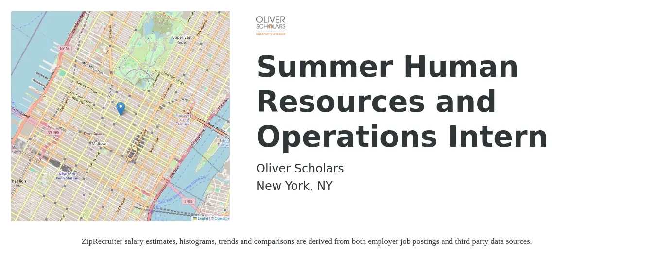 Oliver Scholars job posting for a Summer Human Resources and Operations Intern in New York, NY with a salary of $1,700 Weekly with a map of New York location.
