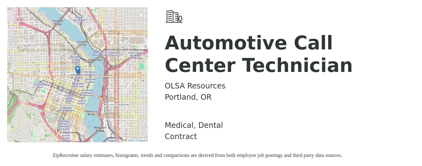 OLSA Resources job posting for a Automotive Call Center Technician in Portland, OR with a salary of $18 to $22 Hourly and benefits including medical, and dental with a map of Portland location.
