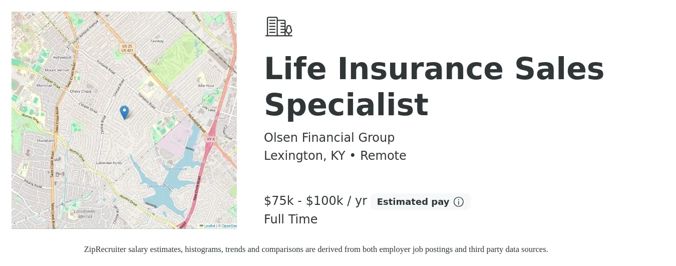 Olsen Financial Group job posting for a Life Insurance Sales Specialist in Lexington, KY with a salary of $75,000 to $100,000 Yearly with a map of Lexington location.