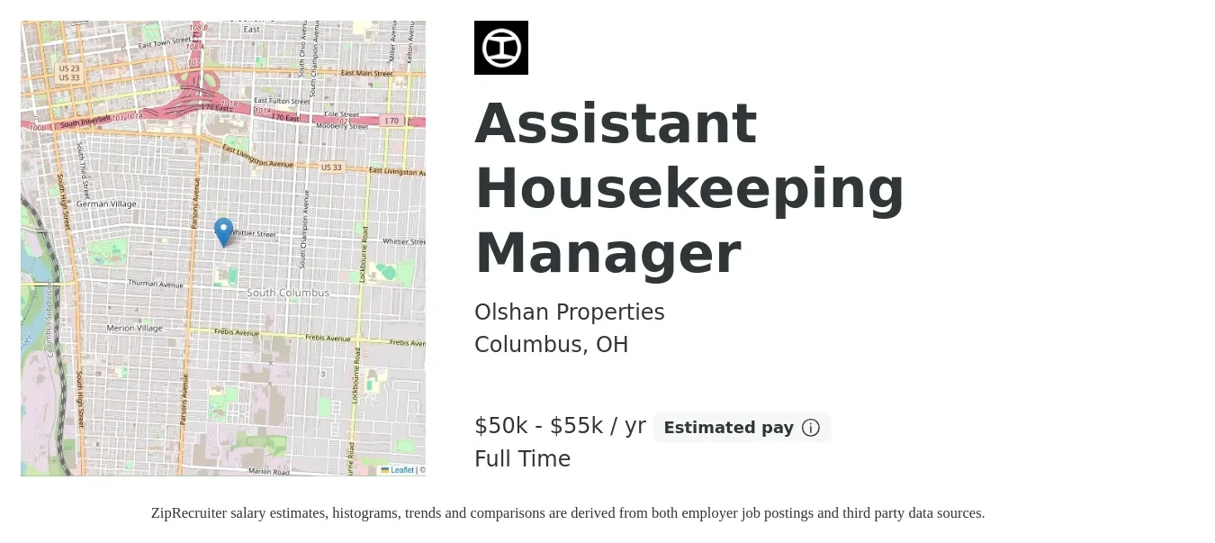 Olshan Properties job posting for a Assistant Housekeeping Manager in Columbus, OH with a salary of $50,000 to $55,000 Yearly with a map of Columbus location.
