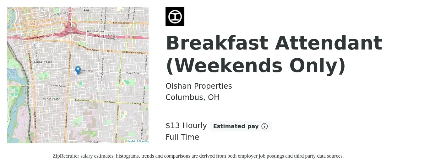 Olshan Properties job posting for a Breakfast Attendant (Weekends Only) in Columbus, OH with a salary of $14 Hourly with a map of Columbus location.