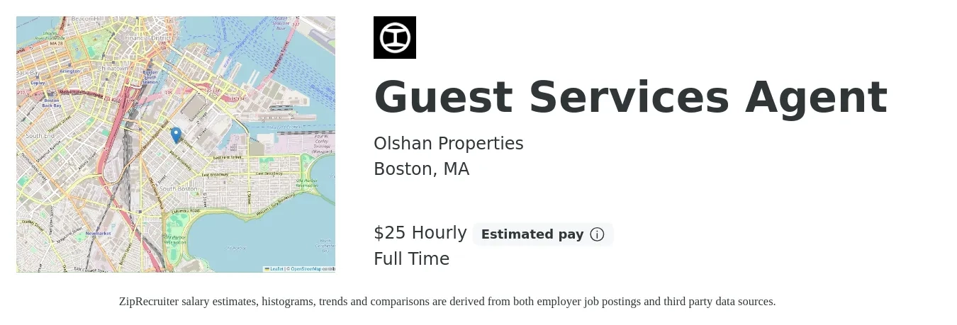 Olshan Properties job posting for a Guest Services Agent in Boston, MA with a salary of $27 Hourly with a map of Boston location.