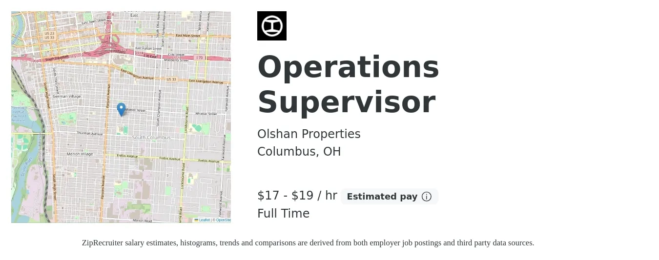 Olshan Properties job posting for a Operations Supervisor in Columbus, OH with a salary of $18 to $20 Hourly with a map of Columbus location.