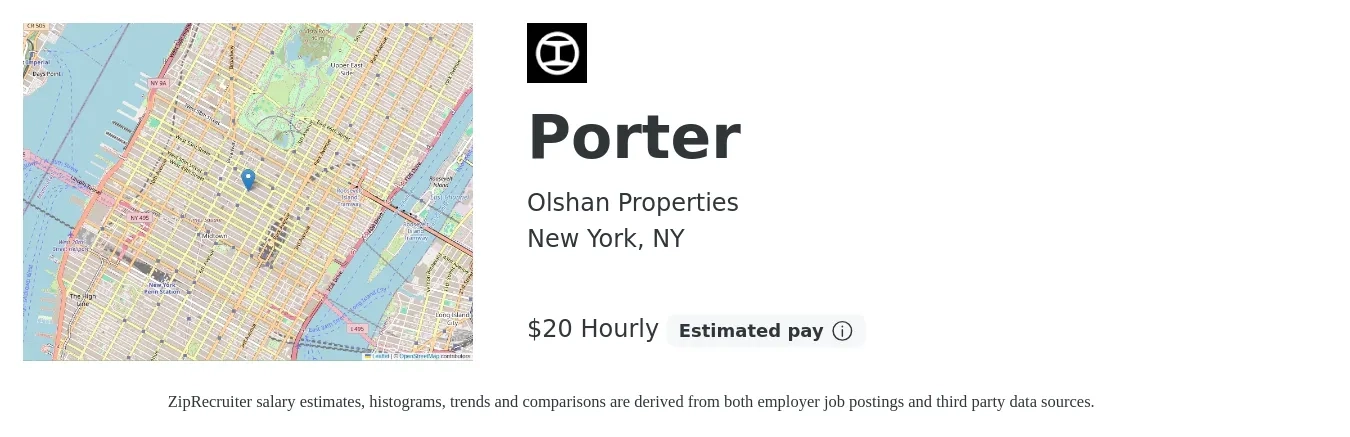Olshan Properties job posting for a Porter in New York, NY with a salary of $21 Hourly with a map of New York location.