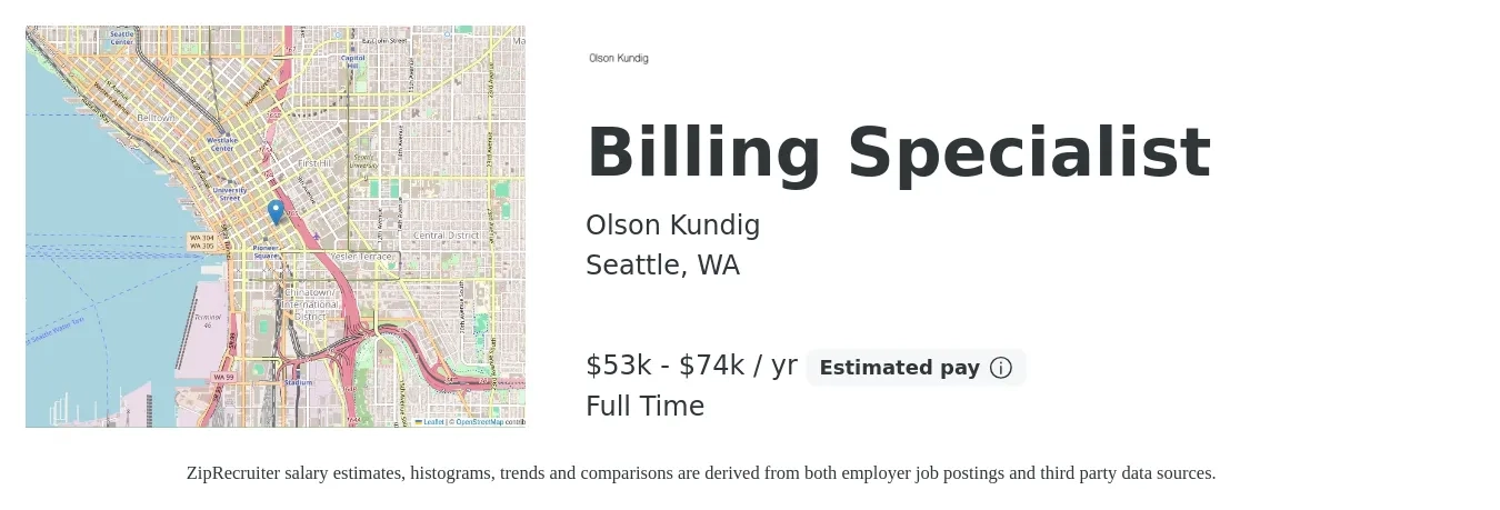 Olson Kundig job posting for a Billing Specialist in Seattle, WA with a salary of $53,000 to $74,000 Yearly with a map of Seattle location.