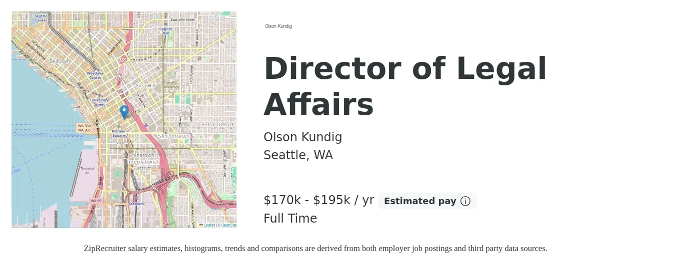 Olson Kundig job posting for a Director of Legal Affairs in Seattle, WA with a salary of $170,000 to $195,000 Yearly with a map of Seattle location.