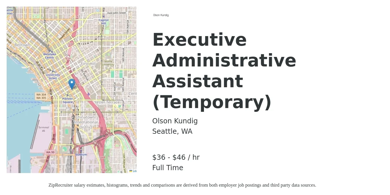 Olson Kundig job posting for a Executive Administrative Assistant (Temporary) in Seattle, WA with a salary of $38 to $48 Hourly with a map of Seattle location.