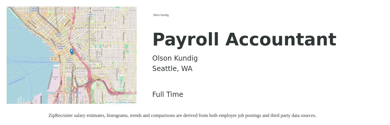 Olson Kundig job posting for a Payroll Accountant in Seattle, WA with a salary of $75,000 to $85,000 Yearly with a map of Seattle location.