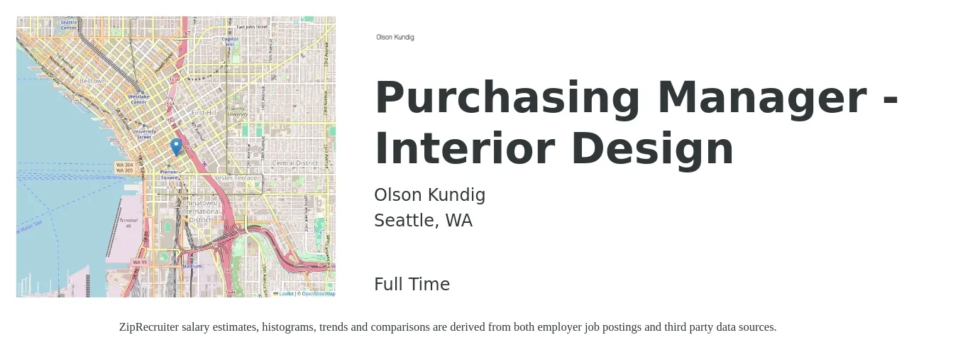 Olson Kundig job posting for a Purchasing Manager - Interior Design in Seattle, WA with a salary of $90,000 to $105,000 Yearly with a map of Seattle location.