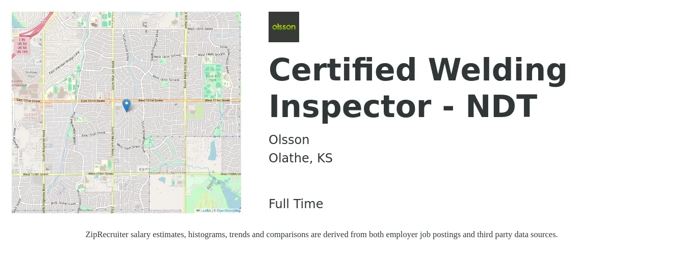 Olsson job posting for a Certified Welding Inspector - NDT in Olathe, KS with a salary of $27 to $36 Hourly with a map of Olathe location.