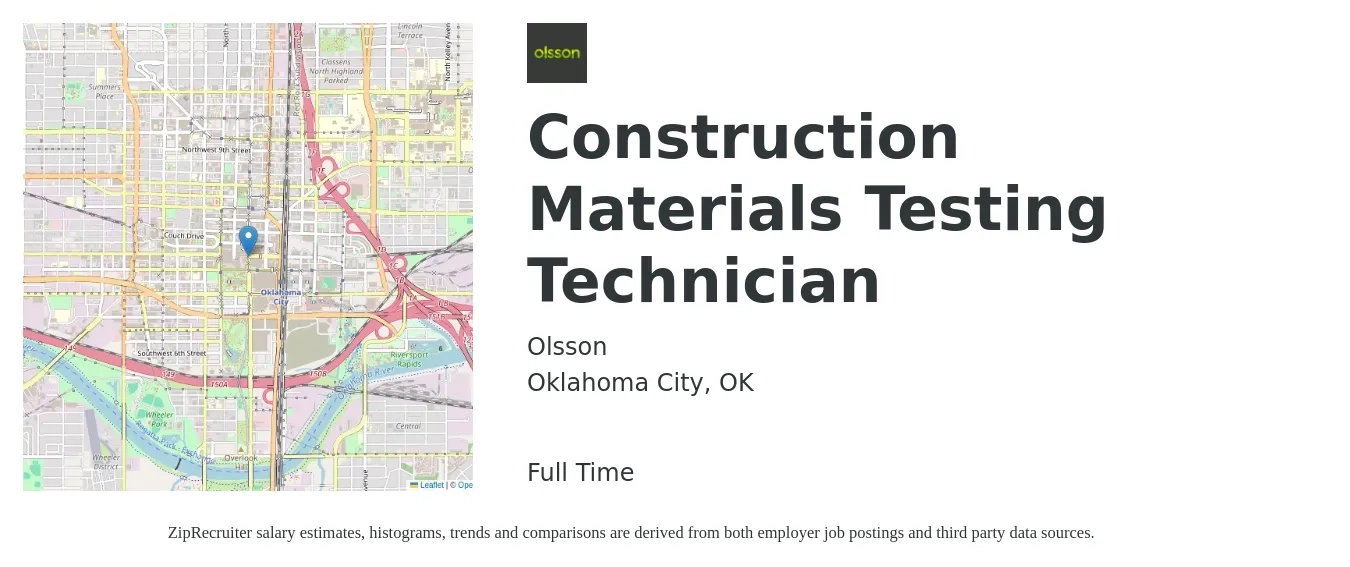 Olsson job posting for a Construction Materials Testing Technician in Oklahoma City, OK with a salary of $15 to $20 Hourly with a map of Oklahoma City location.