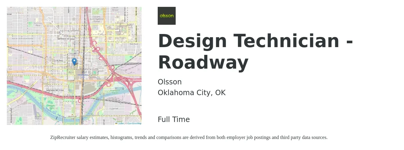 Olsson job posting for a Design Technician - Roadway in Oklahoma City, OK with a salary of $20 to $30 Hourly with a map of Oklahoma City location.