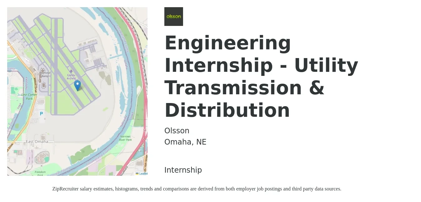 Olsson job posting for a Engineering Internship - Utility Transmission & Distribution in Omaha, NE with a salary of $16 to $20 Hourly with a map of Omaha location.