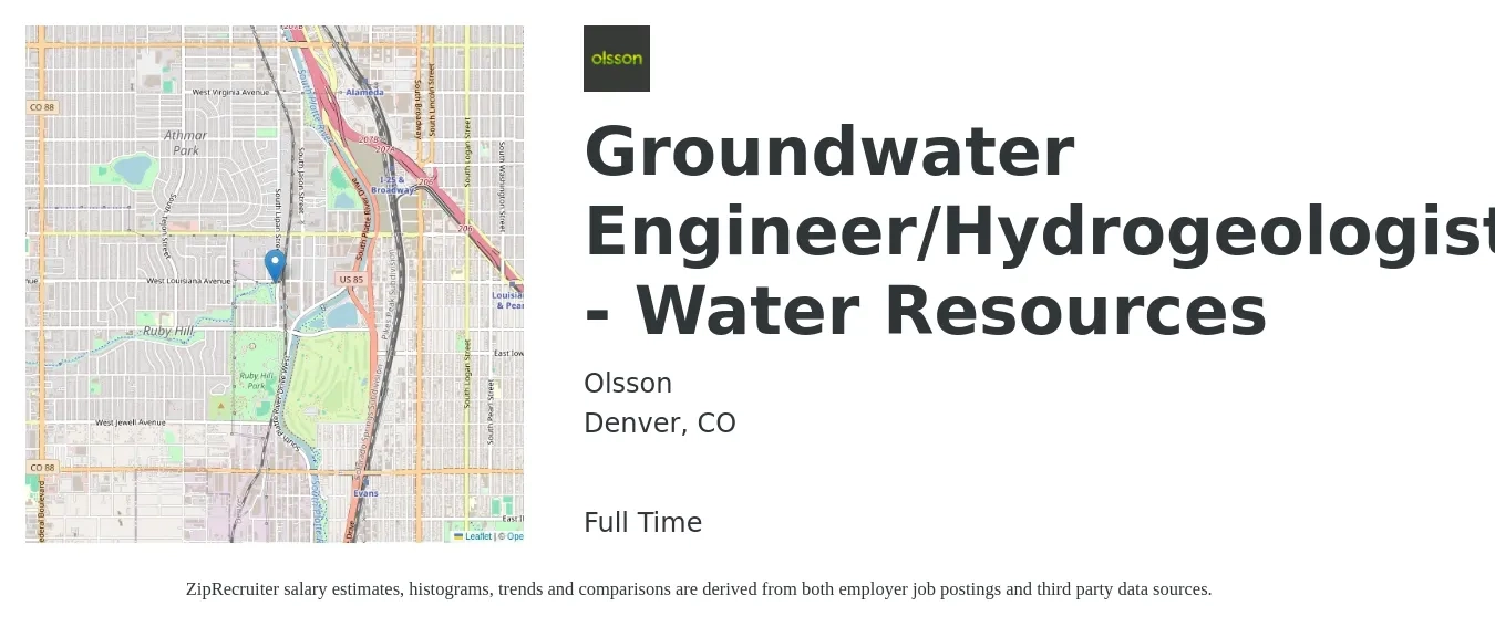 Olsson job posting for a Groundwater Engineer/Hydrogeologist - Water Resources in Denver, CO with a salary of $85,500 to $106,100 Yearly with a map of Denver location.