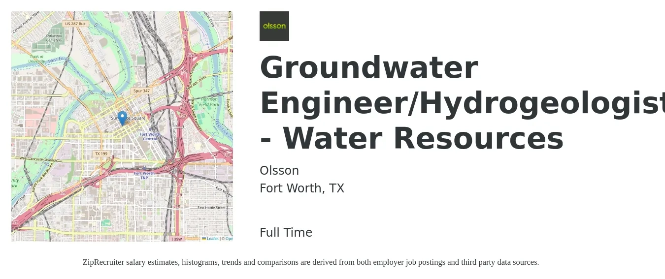 Olsson job posting for a Groundwater Engineer/Hydrogeologist - Water Resources in Fort Worth, TX with a salary of $79,500 to $98,600 Yearly with a map of Fort Worth location.
