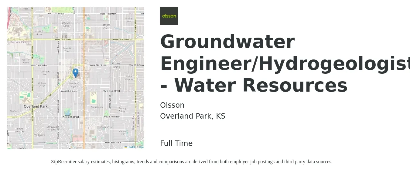 Olsson job posting for a Groundwater Engineer/Hydrogeologist - Water Resources in Overland Park, KS with a salary of $78,500 to $97,400 Yearly with a map of Overland Park location.