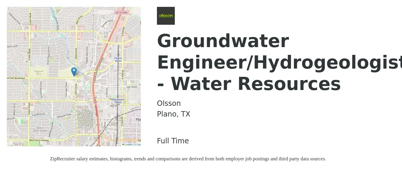 Olsson job posting for a Groundwater Engineer/Hydrogeologist - Water Resources in Plano, TX with a salary of $77,600 to $96,300 Yearly with a map of Plano location.