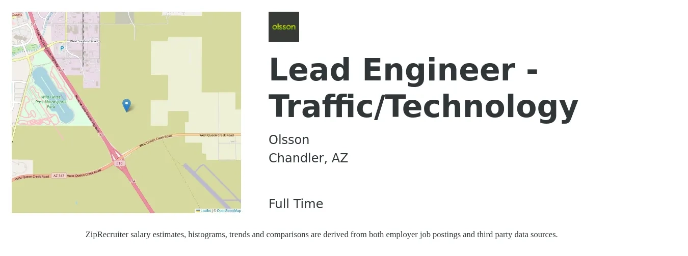 Olsson job posting for a Lead Engineer - Traffic/Technology in Chandler, AZ with a salary of $99,600 to $131,200 Yearly with a map of Chandler location.