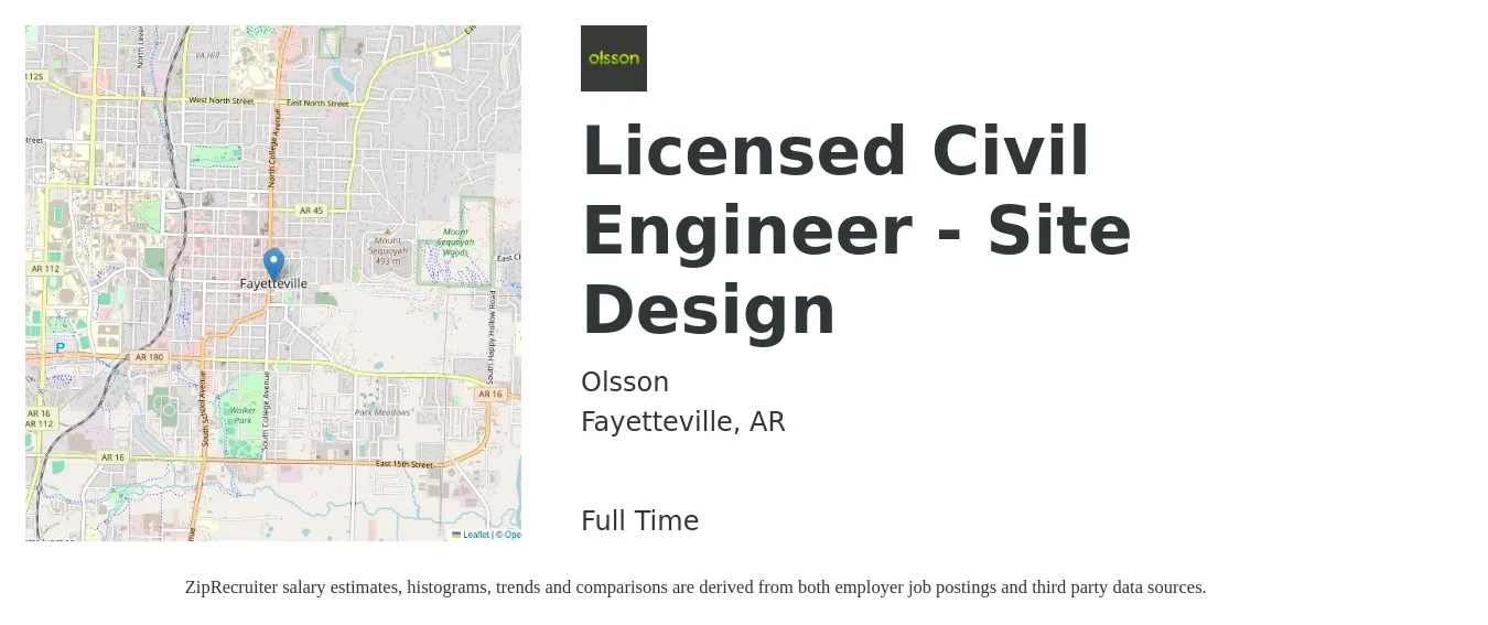 Olsson job posting for a Licensed Civil Engineer - Site Design in Fayetteville, AR with a salary of $58,000 to $84,600 Yearly with a map of Fayetteville location.