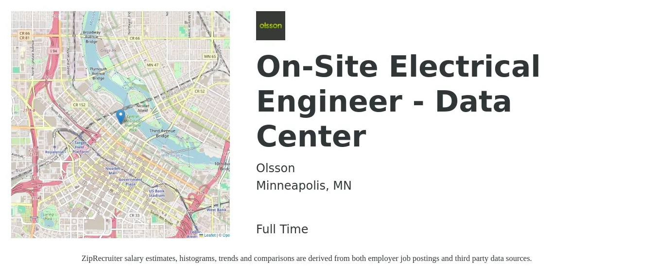 Olsson job posting for a On-Site Electrical Engineer - Data Center in Minneapolis, MN with a salary of $86,600 to $137,800 Yearly with a map of Minneapolis location.