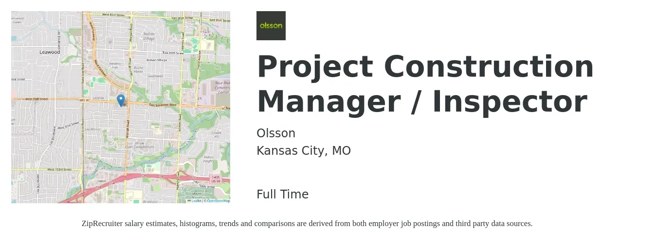 Olsson job posting for a Project Construction Manager / Inspector in Kansas City, MO with a salary of $73,200 to $116,100 Yearly with a map of Kansas City location.