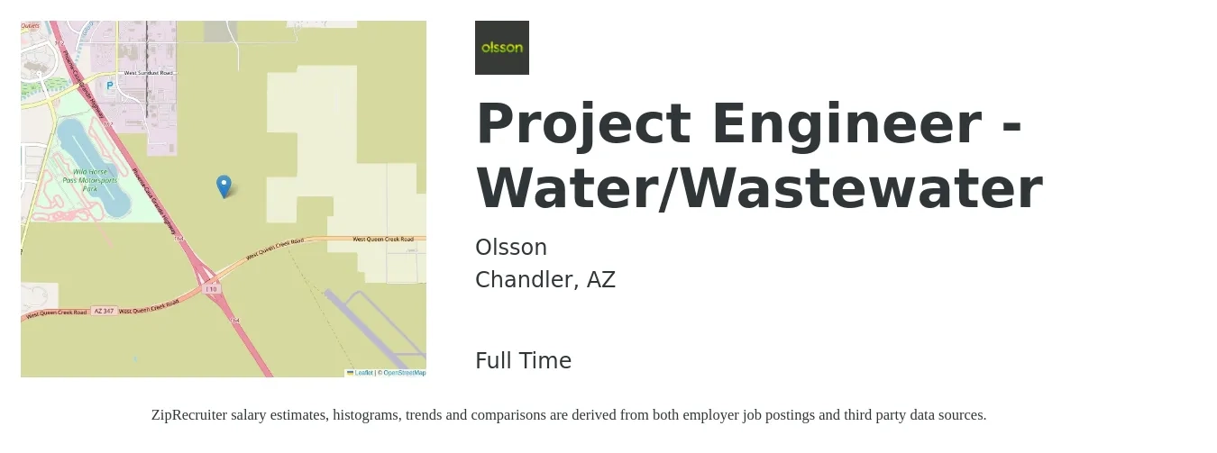 Olsson job posting for a Project Engineer - Water/Wastewater in Chandler, AZ with a salary of $81,600 to $113,200 Yearly with a map of Chandler location.