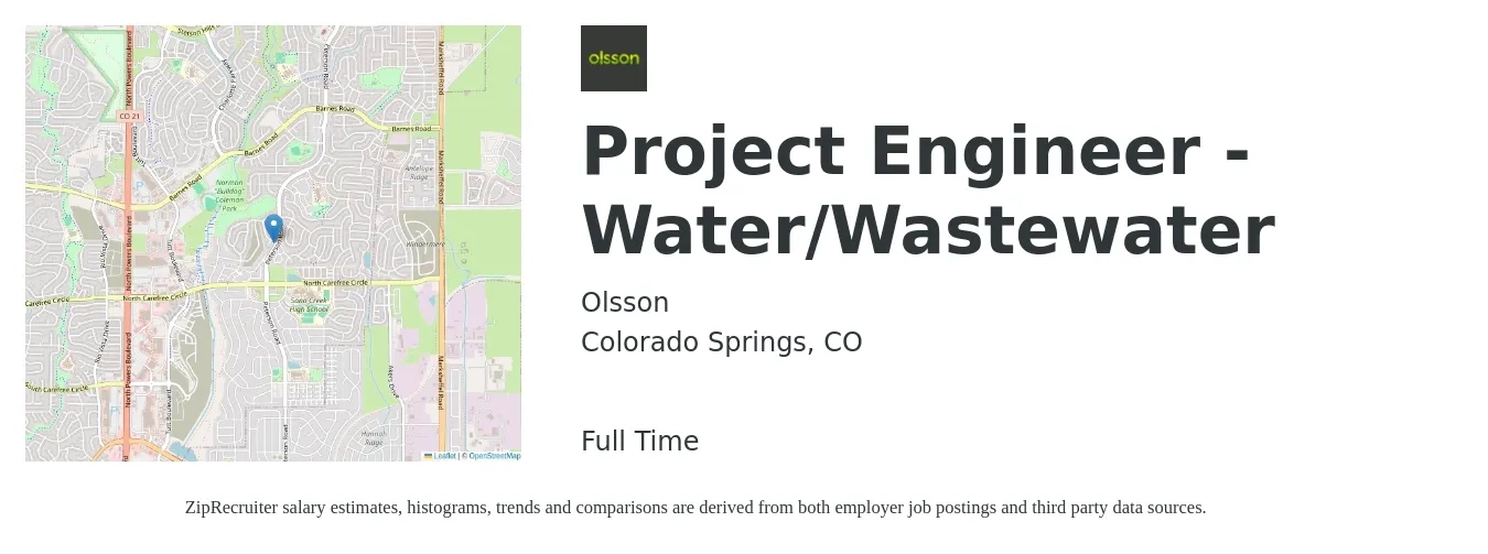 Olsson job posting for a Project Engineer - Water/Wastewater in Colorado Springs, CO with a salary of $100,000 to $132,000 Yearly with a map of Colorado Springs location.