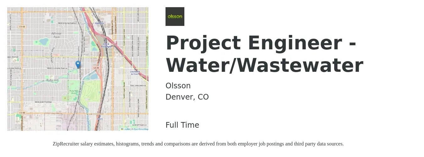 Olsson job posting for a Project Engineer - Water/Wastewater in Denver, CO with a salary of $108,000 to $143,000 Yearly with a map of Denver location.