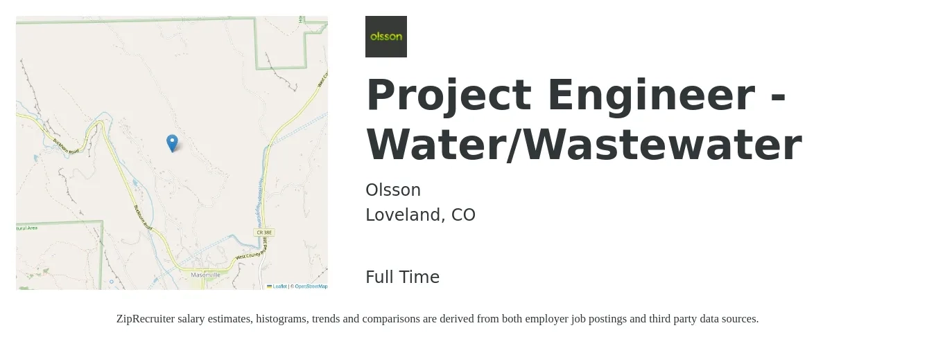 Olsson job posting for a Project Engineer - Water/Wastewater in Loveland, CO with a salary of $100,000 to $132,000 Yearly with a map of Loveland location.