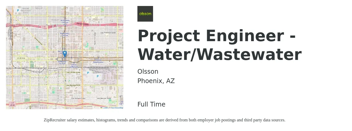 Olsson job posting for a Project Engineer - Water/Wastewater in Phoenix, AZ with a salary of $80,900 to $112,200 Yearly with a map of Phoenix location.