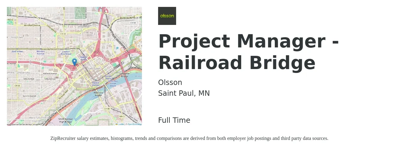 Olsson job posting for a Project Manager - Railroad Bridge in Saint Paul, MN with a salary of $83,100 to $130,200 Yearly with a map of Saint Paul location.