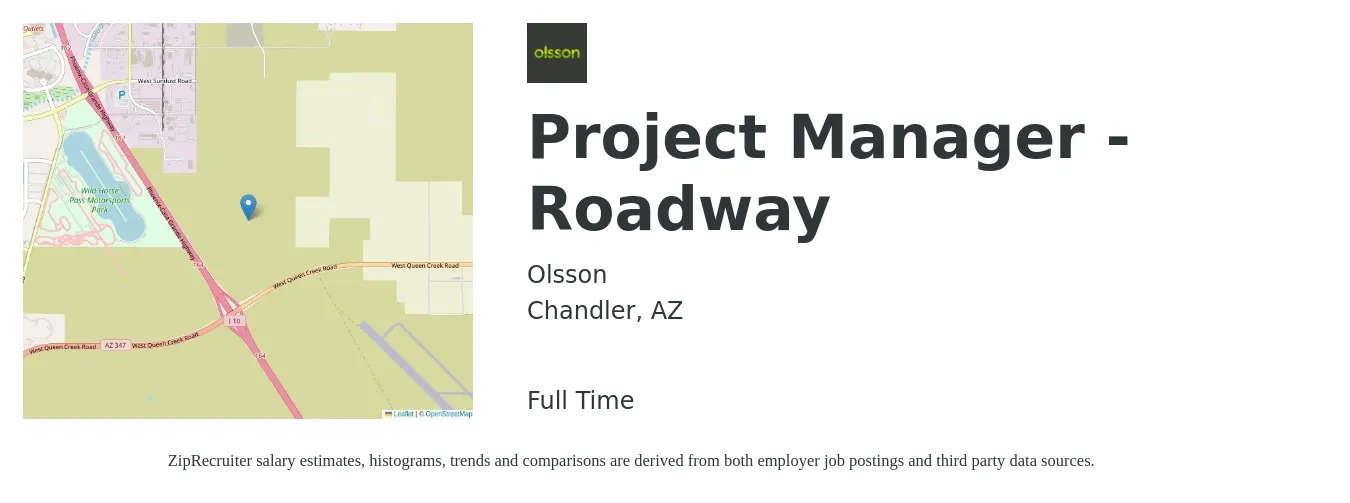 Olsson job posting for a Project Manager - Roadway in Chandler, AZ with a salary of $68,500 to $120,500 Yearly with a map of Chandler location.