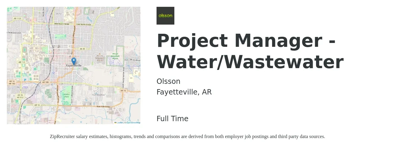 Olsson job posting for a Project Manager - Water/Wastewater in Fayetteville, AR with a salary of $67,400 to $105,700 Yearly with a map of Fayetteville location.