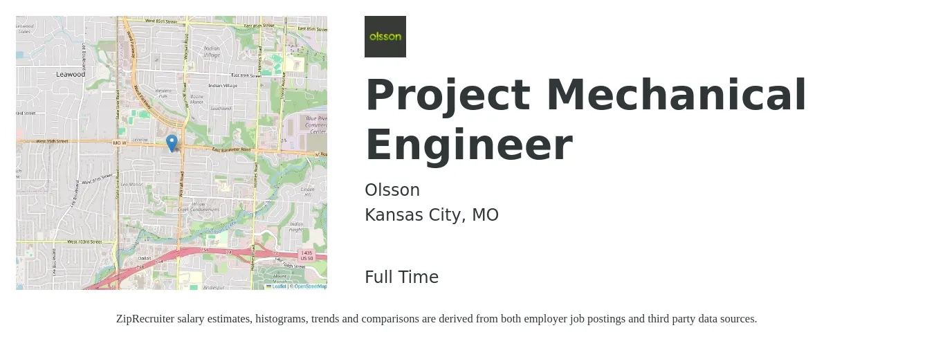 Olsson job posting for a Project Mechanical Engineer in Kansas City, MO with a salary of $71,200 to $97,100 Yearly with a map of Kansas City location.