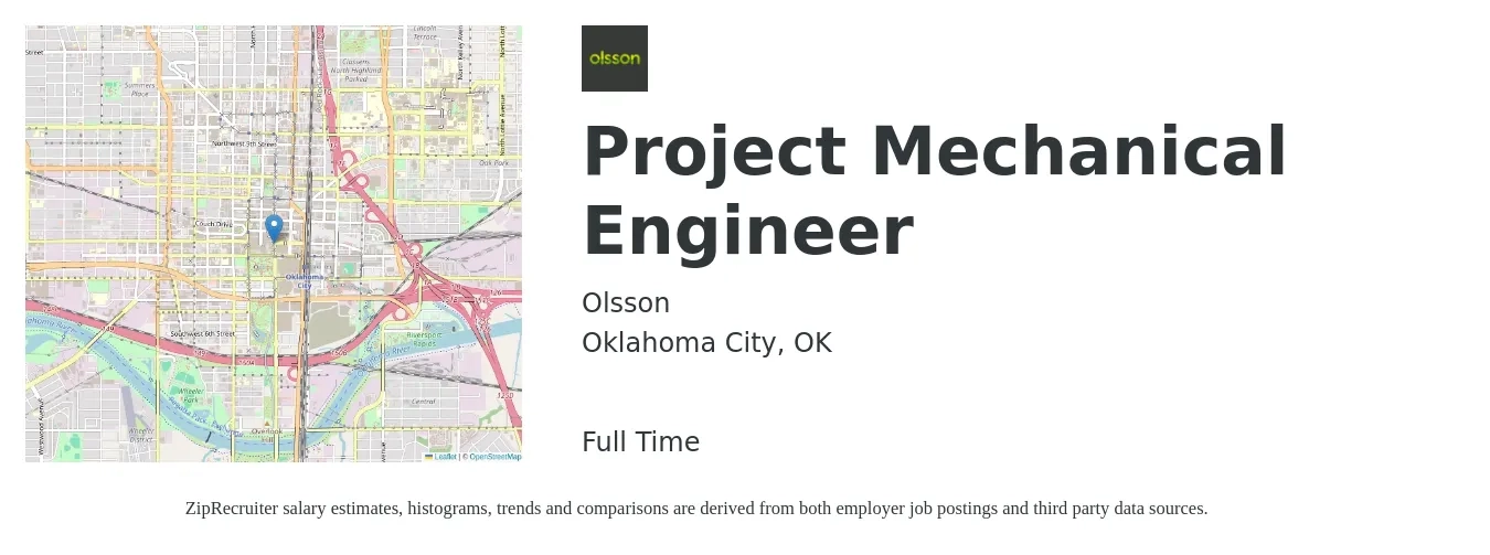 Olsson job posting for a Project Mechanical Engineer in Oklahoma City, OK with a salary of $72,900 to $99,300 Yearly with a map of Oklahoma City location.