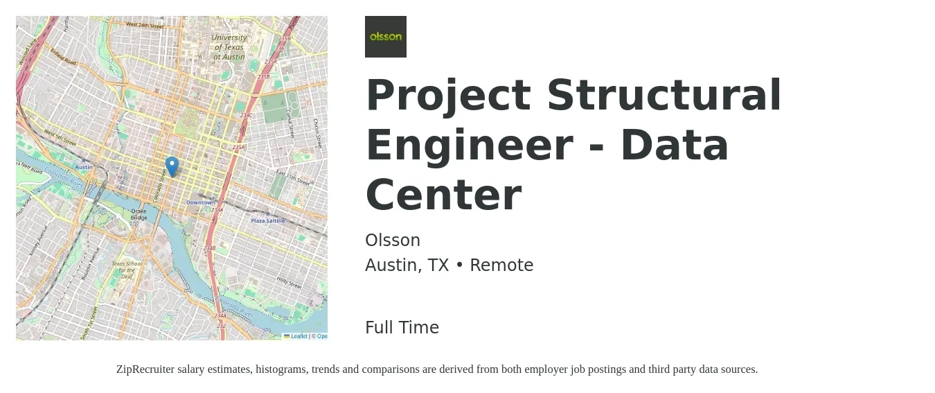Olsson job posting for a Project Structural Engineer - Data Center in Austin, TX with a salary of $79,300 to $106,100 Yearly with a map of Austin location.