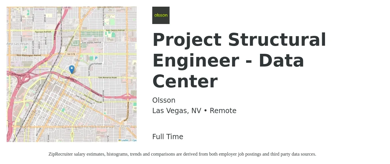 Olsson job posting for a Project Structural Engineer - Data Center in Las Vegas, NV with a salary of $76,400 to $102,200 Yearly with a map of Las Vegas location.