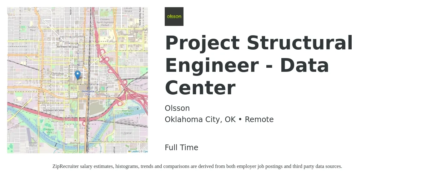 Olsson job posting for a Project Structural Engineer - Data Center in Oklahoma City, OK with a salary of $74,300 to $99,400 Yearly with a map of Oklahoma City location.