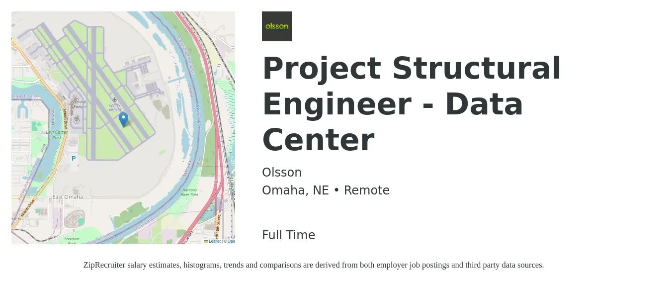 Olsson job posting for a Project Structural Engineer - Data Center in Omaha, NE with a salary of $76,500 to $102,400 Yearly with a map of Omaha location.