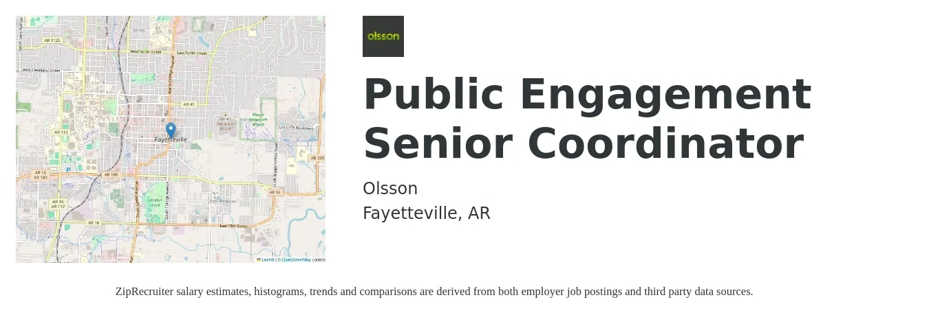 Olsson job posting for a Public Engagement Senior Coordinator in Fayetteville, AR with a salary of $17 to $26 Hourly with a map of Fayetteville location.