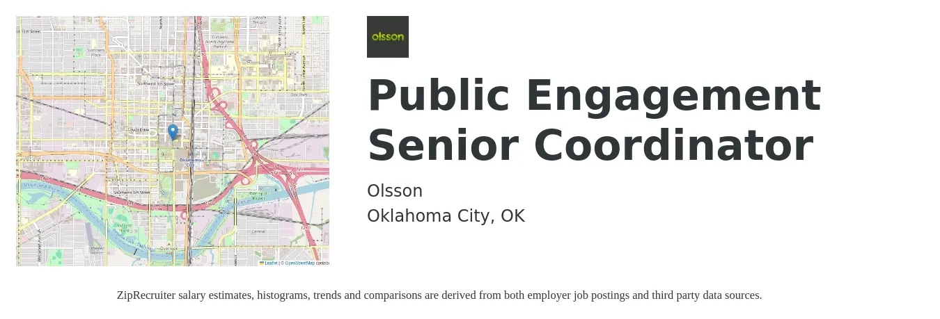 Olsson job posting for a Public Engagement Senior Coordinator in Oklahoma City, OK with a salary of $19 to $28 Hourly with a map of Oklahoma City location.