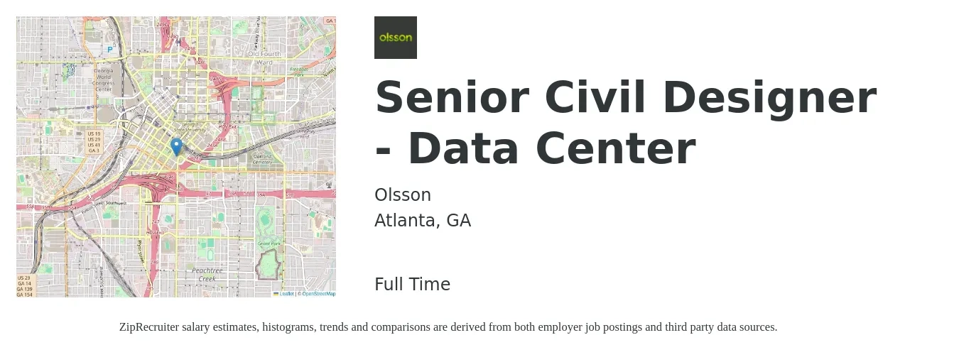 Olsson job posting for a Senior Civil Designer - Data Center in Atlanta, GA with a salary of $98,100 to $104,800 Yearly with a map of Atlanta location.