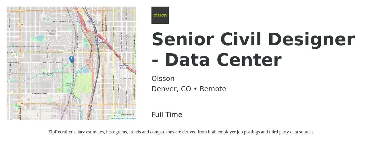 Olsson job posting for a Senior Civil Designer - Data Center in Denver, CO with a salary of $59,000 to $78,000 Yearly with a map of Denver location.