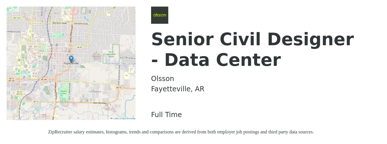 Olsson job posting for a Senior Civil Designer - Data Center in Fayetteville, AR with a salary of $97,800 to $104,500 Yearly with a map of Fayetteville location.