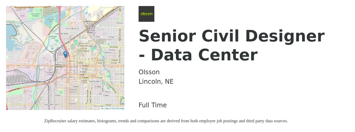 Olsson job posting for a Senior Civil Designer - Data Center in Lincoln, NE with a salary of $88,800 to $94,900 Yearly with a map of Lincoln location.